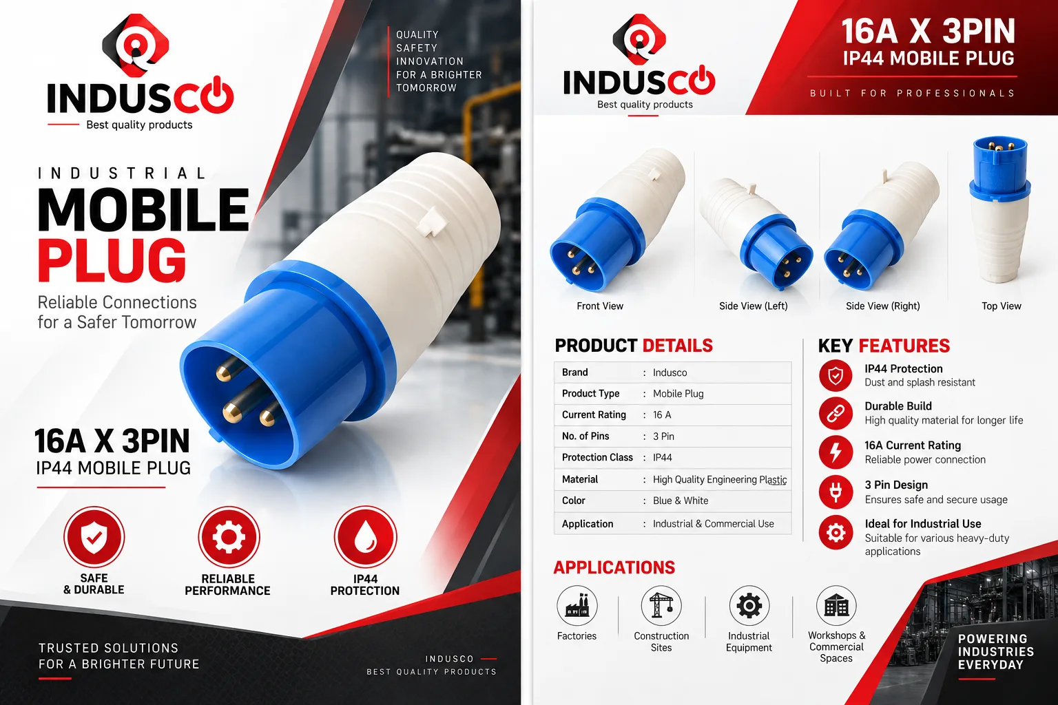 Indusco LEE-013 16A 3 Pin Waterproof Industrial Plug