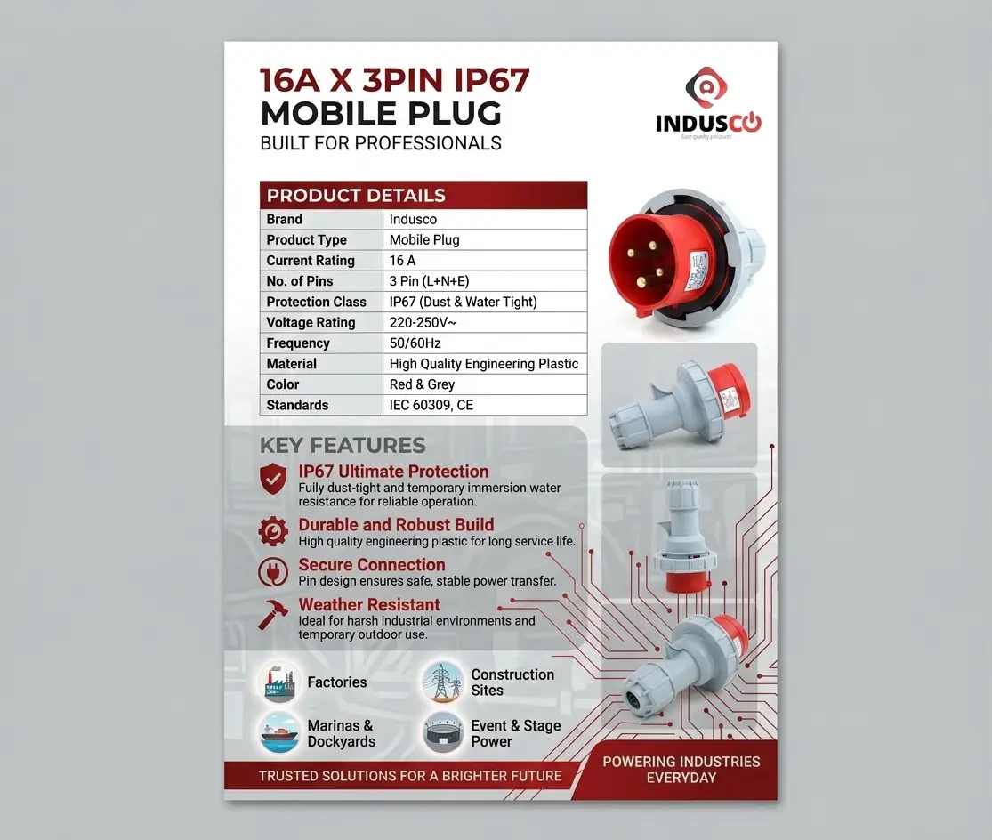 Indusco IP67 16A 2P+E Single Phase Industrial Plug
